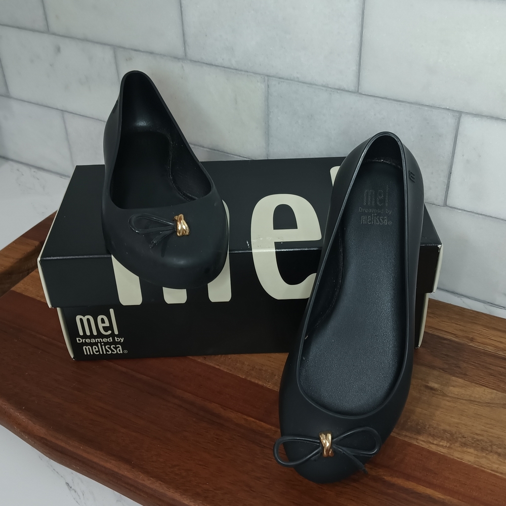 Mini Melissa Black Ballet Flats with Gold Bow Accent